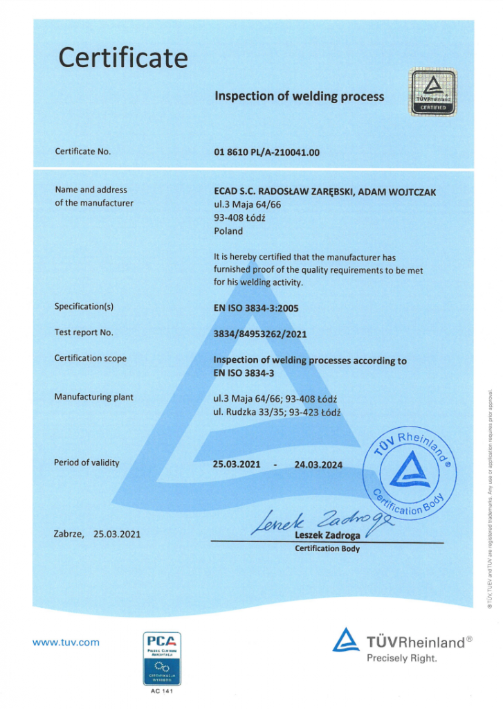 Certificate - inspection of welding processes acoording to EN ISO 3834-3