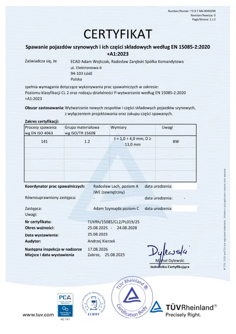 Certyfikat EN 15085-2, poziom CL 2, dla ECAD, pierwsza strona. Otwórz PDF, 1,0 MB.