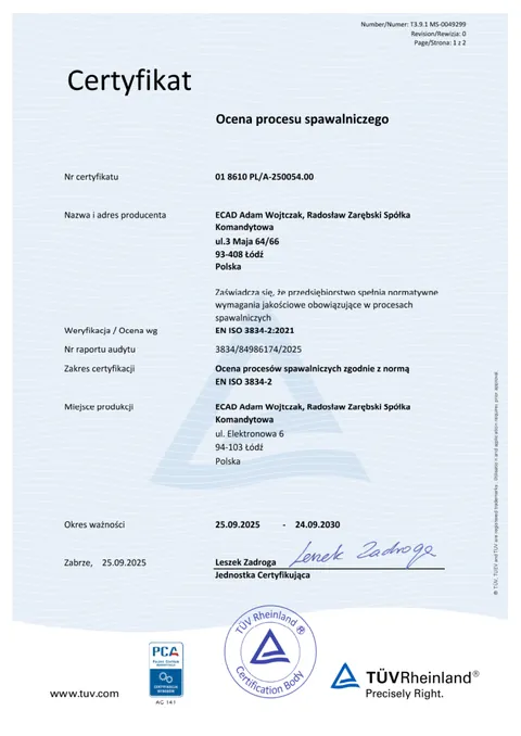 Certyfikat EN ISO 3834-2 dla ECAD, pierwsza strona. Otwórz PDF, 0,7 MB.