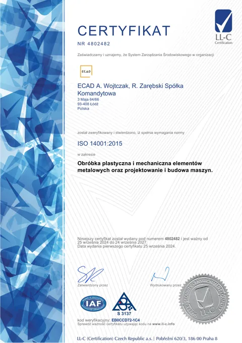 Certificat ISO 14001:2015 pour ECAD, première page. Ouvrir le PDF, 2,3 Mo.