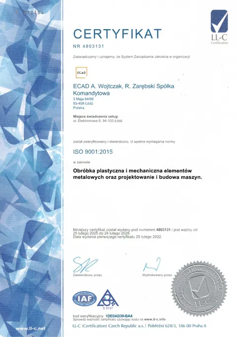 Certyfikat ISO 9001:2015 dla ECAD, pierwsza strona. Otwórz PDF, 0,2 MB.