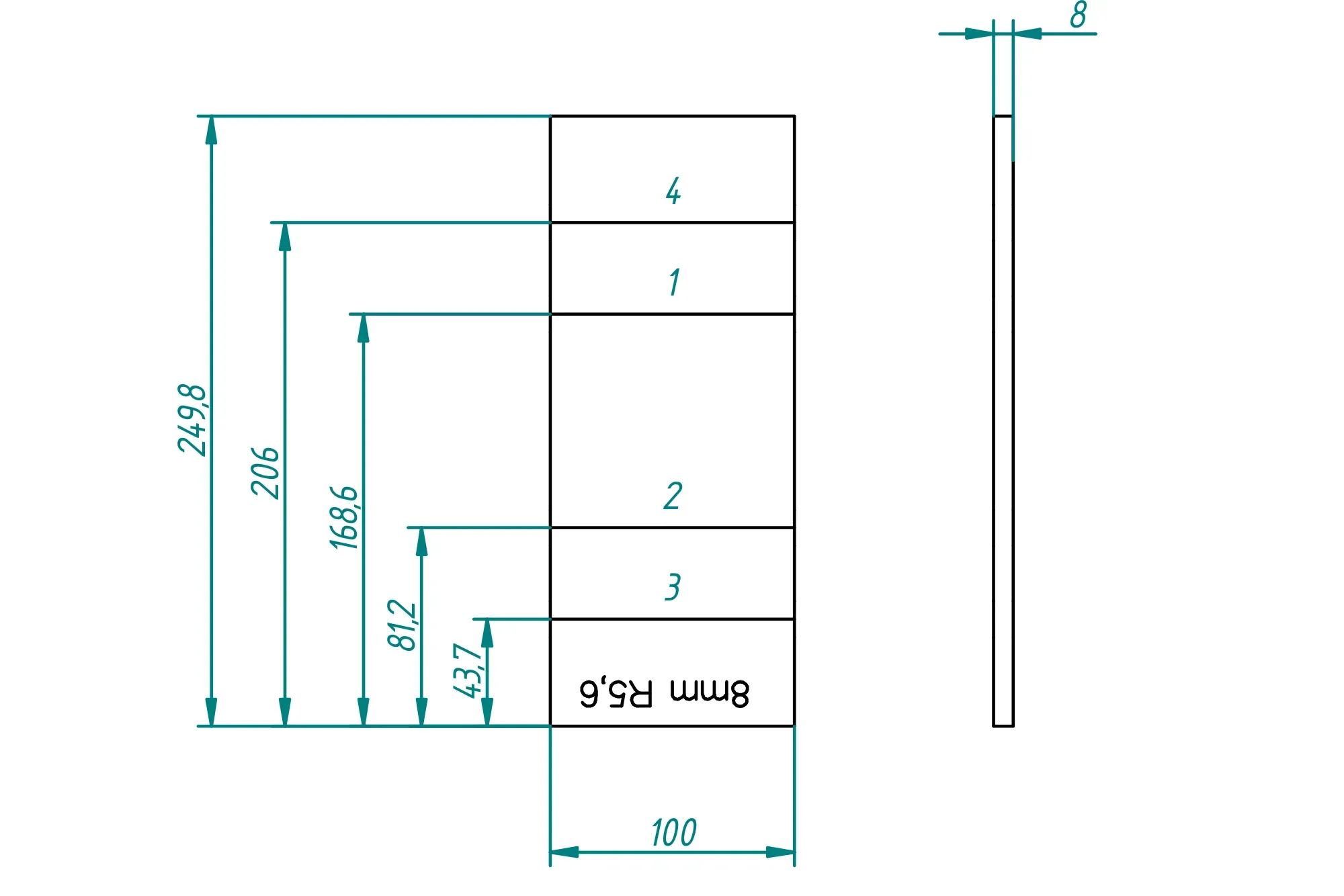 Développé de tôle issu du plan d'exécution : flan rectangulaire avec lignes de pliage numérotées selon l'ordre des plis et cotes.