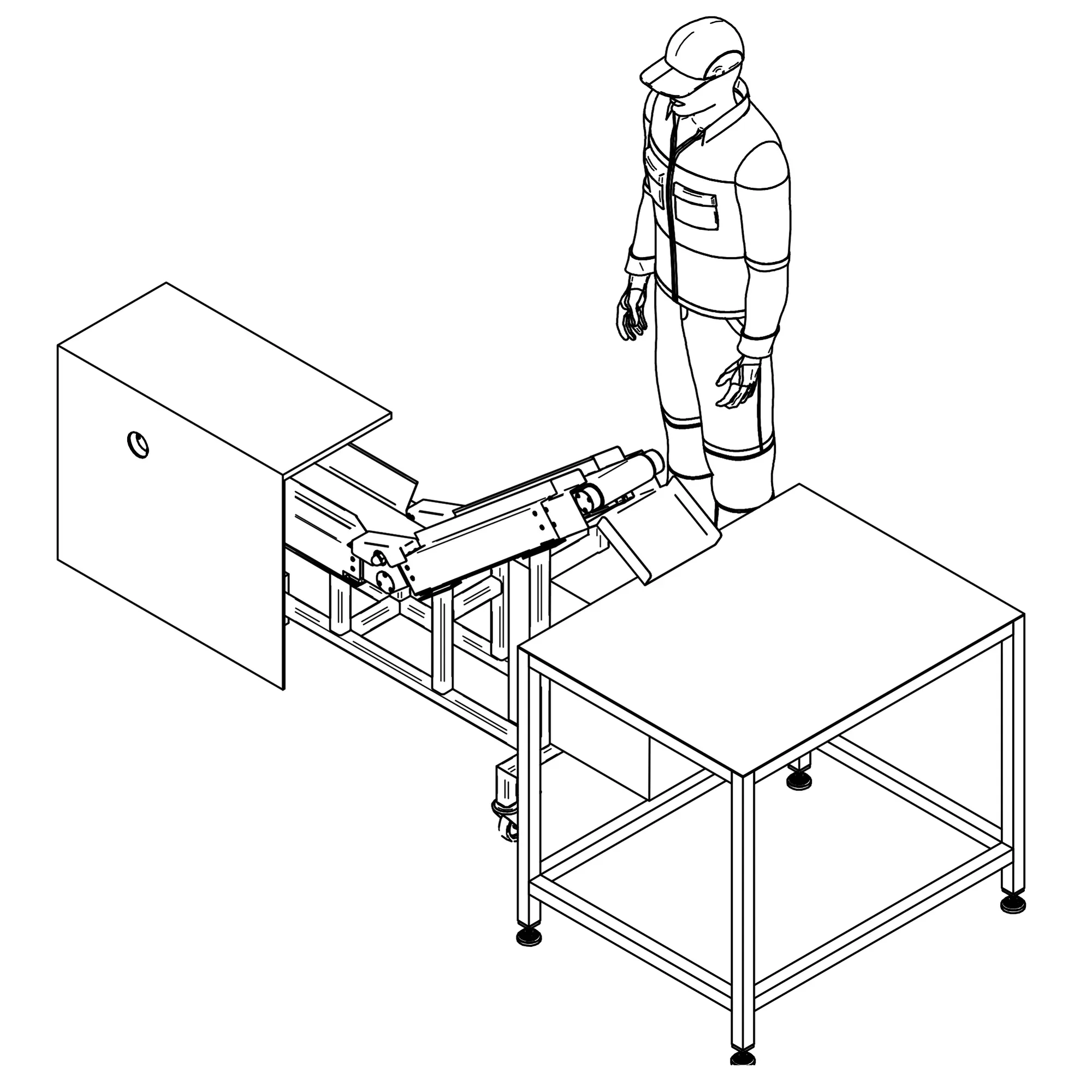 Vue axonométrique : poste avec convoyeur à bande caréné et table en profilés ; silhouette humaine à côté pour l'échelle.
