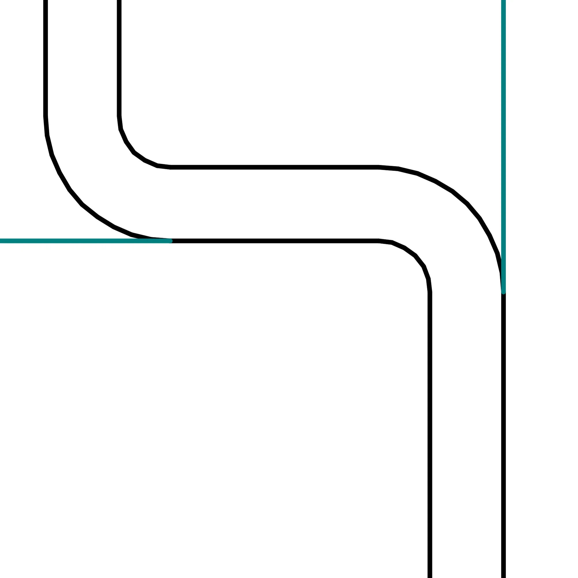 Gros plan sur deux plis de tôle sur le plan : pour chacun, rayon intérieur et extérieur avec l'épaisseur de la tôle entre les deux.