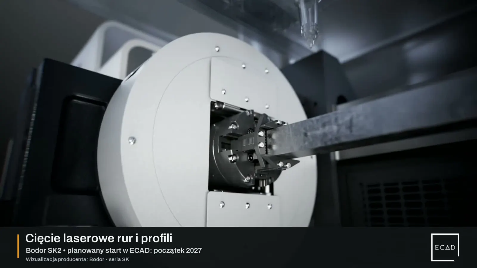 Découpe laser de tubes et profilés, aperçu : image extraite de la vidéo ECAD avec le rendu du fabricant du laser Bodor