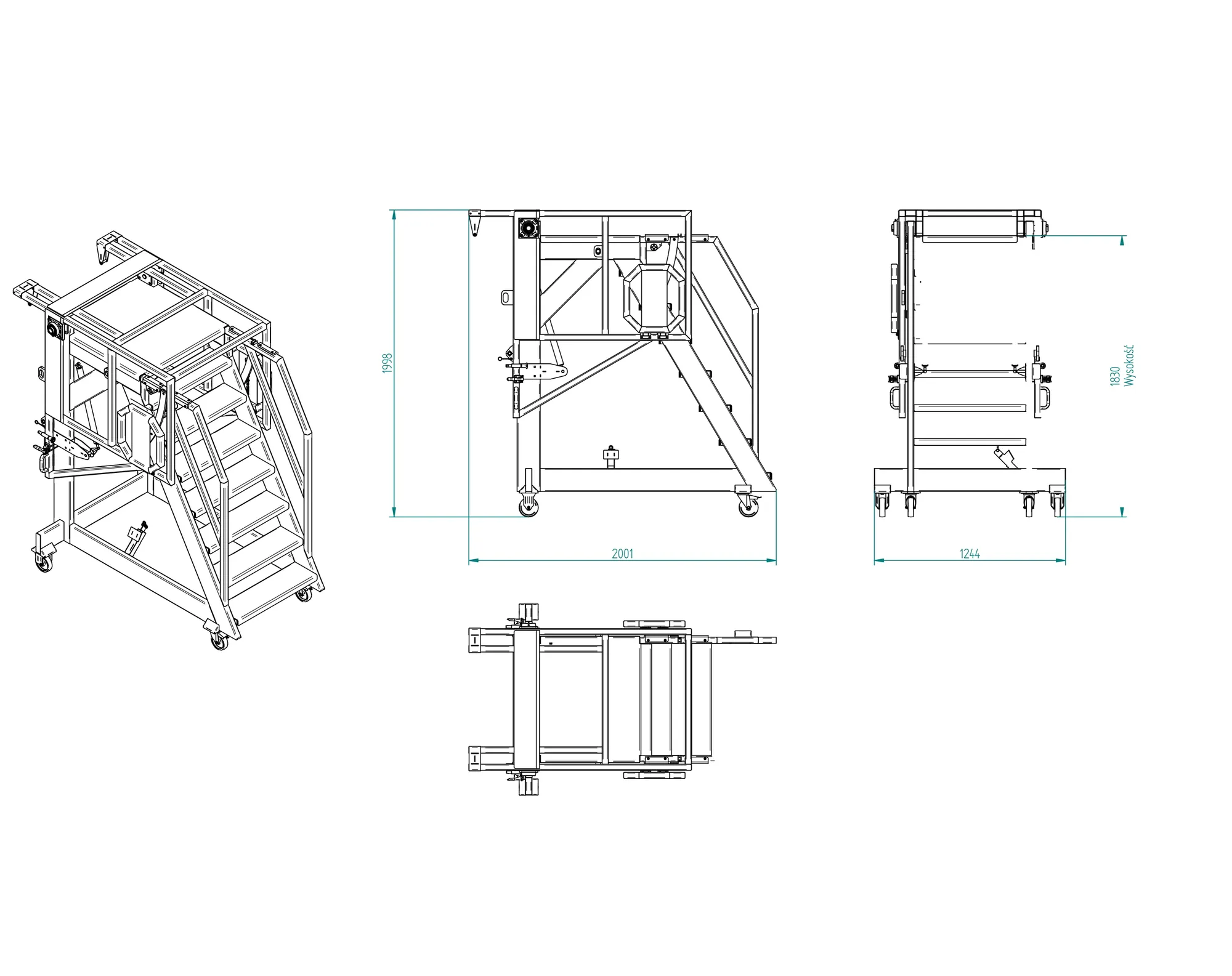 Plan d'exécution d'une plateforme roulante : vue axonométrique avec escalier et garde-corps, vues de face et de côté avec cotes d'encombrement et vue de dessus.