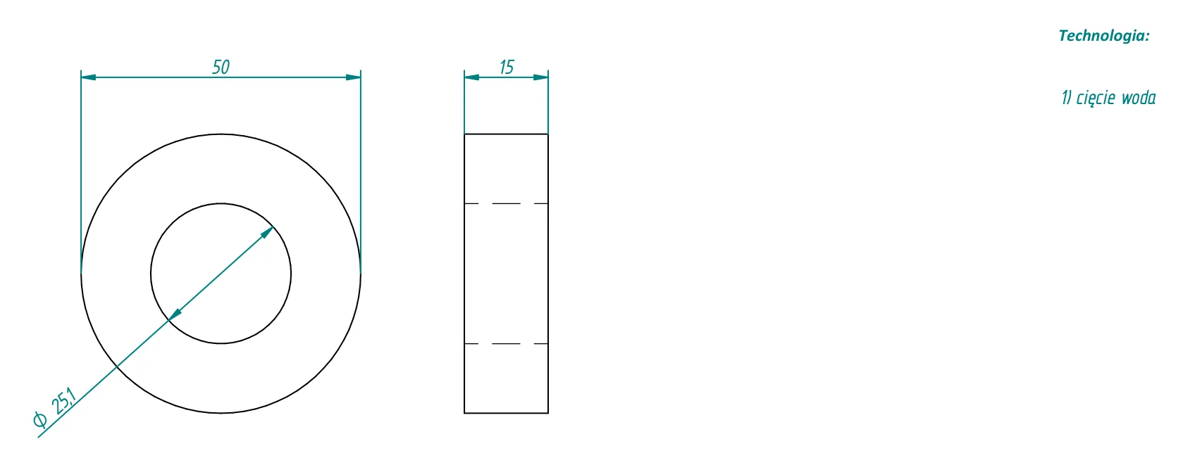 Plan d'une entretoise en tôle forte de 15 mm : bague Ø50 avec alésage Ø25,1, vue de côté et gamme d'usinage : découpe au jet d'eau.