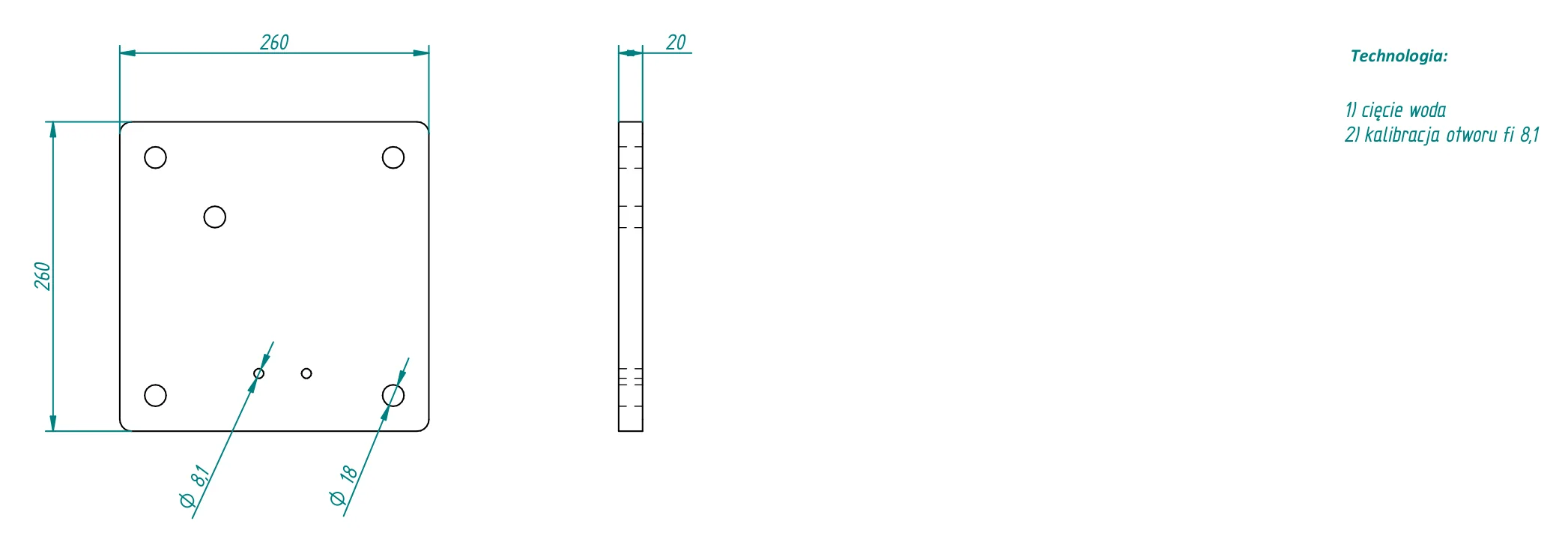 Plan d'une bride 260 × 260 mm en tôle forte de 20 mm : plaque percée, cotes Ø18 et Ø8,1, vue de côté et gamme d'usinage : découpe au jet d'eau, calibrage d'alésage.