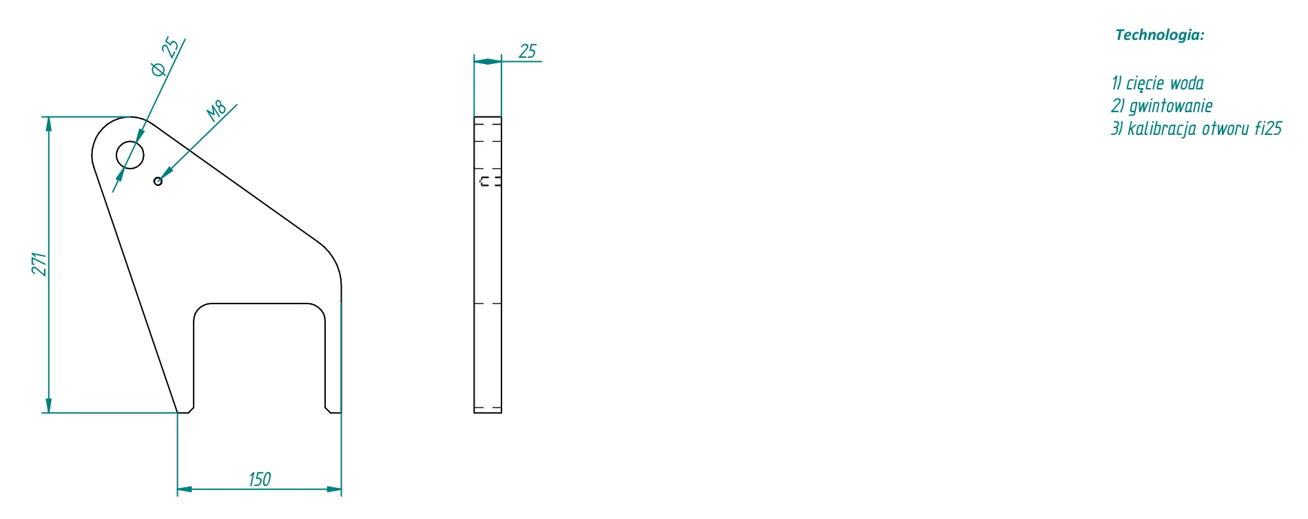 Plan d'une chape de vérin en tôle forte de 25 mm : contour avec découpe, alésage Ø25, taraudage M8, vue de côté et gamme d'usinage : découpe au jet d'eau, taraudage, calibrage d'alésage.