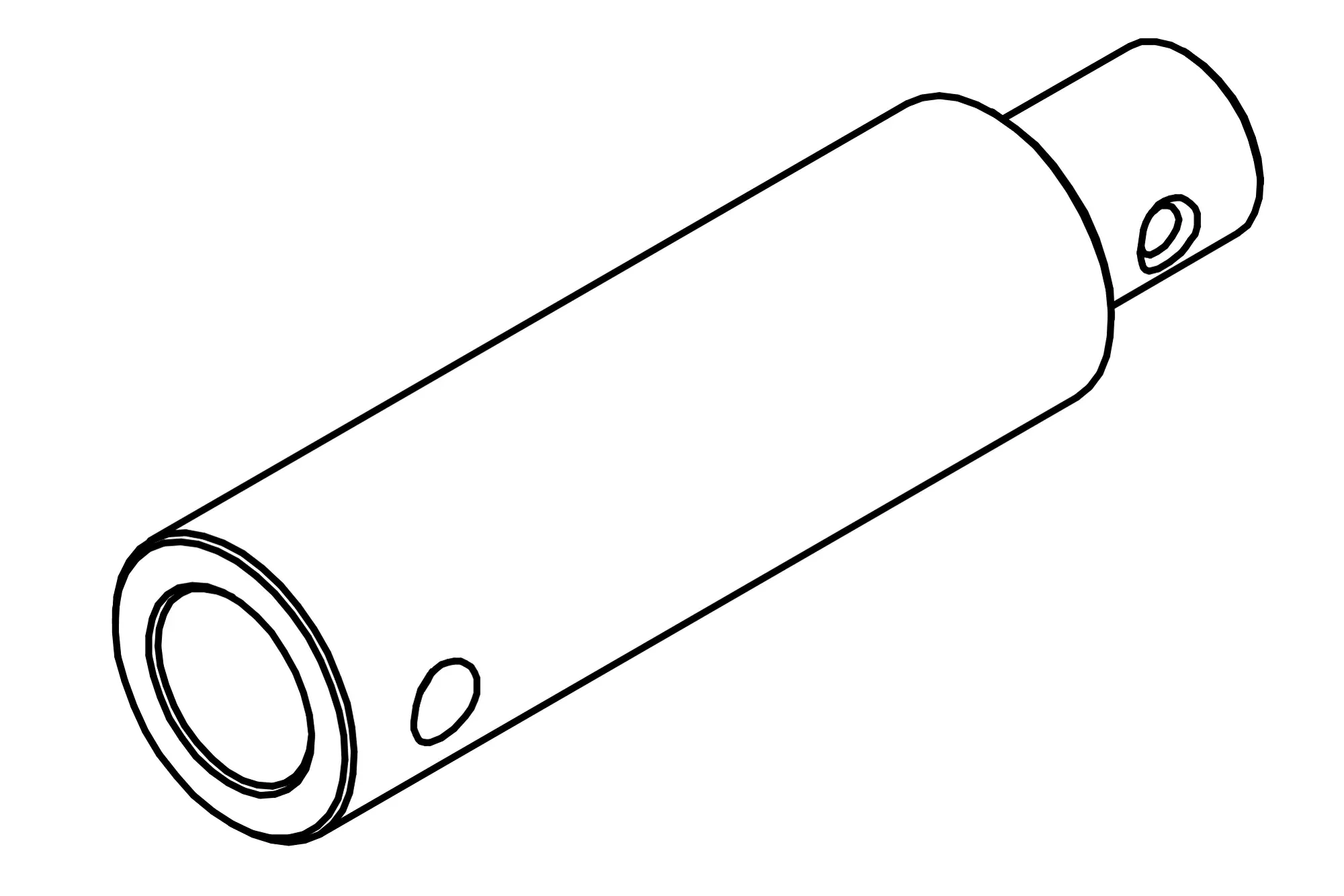 Vue axonométrique d'une rallonge de barre d'alésage : cylindre avec tenon et alésages transversaux, dessin au trait.