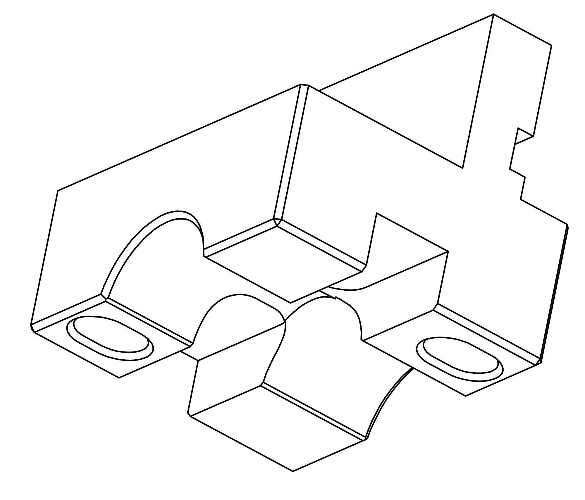 Dessin au trait d'une matrice en vue 3D : bloc avec deux découpes en arc et deux trous oblongs dans les brides.