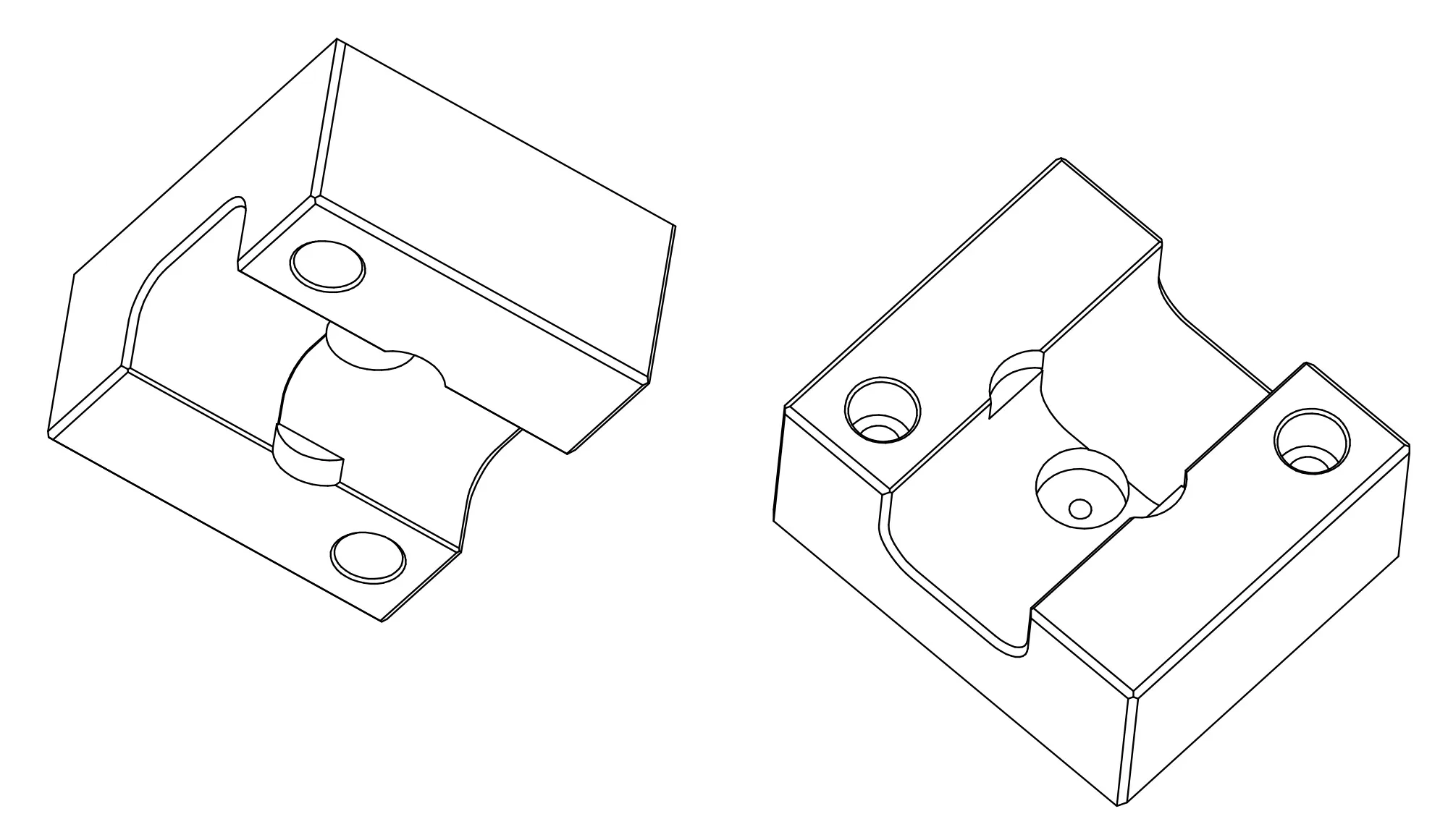 Dessin au trait d'un poinçon en deux vues 3D : bloc parallélépipédique avec contour découpé à coins arrondis et trous lamés.